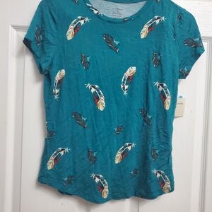 George Teal Feather Print Short Sleeve Top